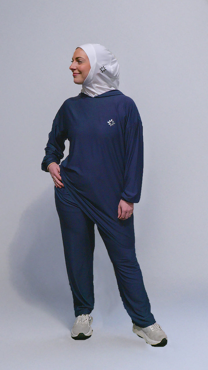 Modest Movement Coord Set – Hooded Top+ Relaxed Workout Pants in Navy